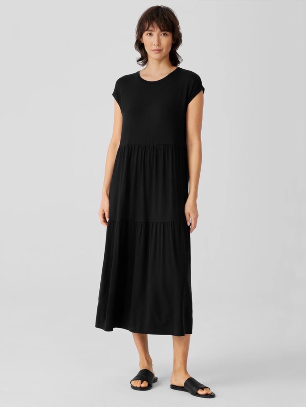 Eileen Fisher Fine Jersey Tiered Dress - Boxy Fit, Full Length - Black